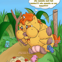 1_horn ambiguous_gender asphyxiation blood blue_body blue_fur bodily_fluids color_coded_text crotch_breasts dialogue feces female female_feral feral food fur grass group horn imminent_death neonate on_hind_legs orange_eyes orange_tail outside pasta pink_body pink_fur plant spaghetti struggling tail text tongue tongue_out trapped yellow_body yellow_fur young young_ambiguous young_feral mistahgreybunny_75 fluffy_pony fluffy_pony_(species) mammal 1:1 broken_english digital_media_(artwork) english_text hi_res