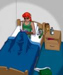 anthro bed bed_sheet bedding bedroom blue_eyes book breasts brown_body brown_fur clothed clothing female fur furniture hair pillow red_hair sex_toy shirt solo tank_top topwear vibrator graphite_(artist) melissa_(clarrygoldstein) domestic_ferret mammal mustelid musteline true_musteline weasel