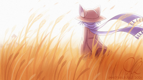 ambiguous_gender anthro blue_hair blue_scarf bottomwear brown_clothing brown_coat brown_hat brown_headwear brown_topwear building clothing coat field hair hat headgear headwear pants rear_view scarf sky solo standing text topwear wheat_field white_sky unnotablejulz oneshot niko_(oneshot) domestic_cat felid feline felis mammal 16:9 2021 artist_name dated hi_res signature widescreen