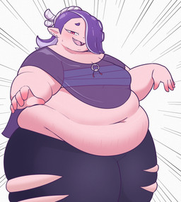 accessory belly belly_overhang big_belly biped bottomwear chubby_cheeks clothing crop_top deep_navel ear_piercing fangs fat_arms fat_rolls female hair hair_over_eye headband huge_thighs humanoid_pointy_ears light_body light_skin looking_at_viewer love_handles muffin_top navel obese obese_female obese_humanoid open_mouth open_smile overweight overweight_female overweight_humanoid pants piercing pointy_ears pose pseudo_hair shirt simple_background smile solo speed_lines standing stretch_marks suction_cup teeth tentacle_hair tentacles thick_thighs three-quarter_view topwear torn_bottomwear torn_clothing torn_pants translucent translucent_clothing translucent_topwear underwear white_background wraps midnitemorty nintendo splatoon shiver_(splatoon) animal_humanoid aquatic aquatic_humanoid cephalopod cephalopod_humanoid humanoid mollusk mollusk_humanoid octarian octoling octopus_humanoid 2022 hi_res portrait three-quarter_portrait