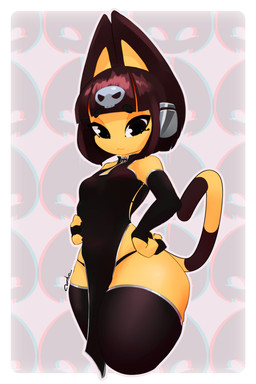 anthro armwear black_armwear black_clothing black_dress black_eyes black_legwear black_thigh_highs border bottom_heavy breasts brown_body brown_fur brown_hair clothing dress eyelashes female front_view fur hair legwear looking_at_viewer pattern_background short_hair simple_background skull_accessory small_breasts solo thick_thighs thigh_highs thong_straps white_border wide_hips yellow_body yellow_fur renta animal_crossing nintendo ankha_(animal_crossing) domestic_cat felid feline felis mammal absurd_res hi_res