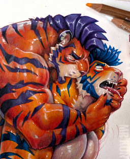 anthro anthro_on_anthro arm_tuft barazoku beard biceps big_muscles big_pecs bite black_claws blue_beard blue_body blue_eyebrows blue_facial_hair blue_fur blue_hair blue_markings blue_stripes bodily_fluids claws countershade_face countershade_fur countershade_neck countershade_torso countershading deltoids duo elbow_tuft eyebrows eyes_closed facial_hair facial_markings fangs finger_claws forearm_muscles from_behind_position fur glistening glistening_body glistening_fur glistening_hair hair hand_on_face hand_on_neck head_markings hug hugging_another hugging_from_behind humanoid_hands looking_pleasured male male/male markings multicolored_body multicolored_fur muscular muscular_anthro muscular_arms muscular_male offscreen_sex open_mouth orange_body orange_fur pecs pink_nose purple_beard purple_body purple_eyebrows purple_facial_hair purple_fur purple_hair purple_markings purple_stripes saliva saliva_string scruff_bite sex side_view simple_background striped_body striped_fur stripes tan_body tan_fur teeth text tongue tongue_out triceps tuft whisker_spots white_background mrkun felid mammal pantherine tiger artist_name cropped graphite_(artwork) hi_res mixed_media painting_(artwork) traditional_media_(artwork) traditional_painting_(artwork) traditional_watercolor_(artwork) watercolor_(artwork) watermark