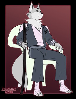 armor asian_clothing bandage chair clothing east_asian_clothing eye_patch eyewear feet fluffy fluffy_chest furniture japanese_clothing katana kimono male melee_weapon paws plastic_chair samurai sword warrior weapon taka trevhart canid canine canis mammal wolf hi_res