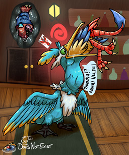 avian_feet beak blue_body bodily_fluids colored_flesh drooling esophagus facial_markings feathered_crest feathered_wings feathers feet feral feral_pred feral_prey green_eyes head_crest head_markings internal male male_pred male_prey markings mask_(marking) membrane_(anatomy) mind_control neck_bulge oral_vore saliva same_size_vore tail tail_feathers toes vore webbed_feet white_markings wings yellow_markings doesnotexist gyrotech nintendo pokemon fan_character miles_(nonine) thunk_(gyro) archen avian cramorant fossil_pokemon generation_5_pokemon generation_8_pokemon pokemon_(species) absurd_res hi_res