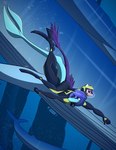 5_fingers anthro armor blue_body blue_eyes blue_hair blue_scales detailed_background duo feathered_tail feathers fin fingers hair headgear helmet long_tail male pink_eyes purple_body purple_feathers purple_hair purple_tail scales smile snout swimming tail tan_body tan_scales underwater water wetsuit seven_(artist) abzu_(game) goodbye_volcano_high leo_(gvh) sage_(gvh) cetacean dinosaur dromaeosaurid feathered_dinosaur feathered_scalie liopleurodon mammal marine microraptor plesiosaur pliosaur prehistoric_species reptile scalie theropod 2023 absurd_res artist_name crossover digital_drawing_(artwork) digital_media_(artwork) hi_res signature trans_(lore) trans_man_(lore)