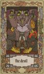 border card card_template claws fire fortune_telling fur group horn kneeling major_arcana open_mouth sitting tarot tarot_card teeth text the_devil_(tarot) tongue tongue_out wings musorok byat_(cheeki) ambiguous_species mammal