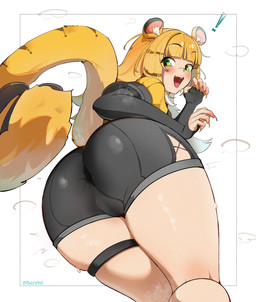 animal_ears animal_tail armwear big_butt blonde_hair blush blush_lines bottomwear brown_stripes butt clothing colored_nails exclamation_point eyelashes female fur green_eyes grey_armwear grey_bottomwear grey_clothing grey_shorts hair inner_ear_fluff long_nails looking_back nails open_mouth rear_view shorts simple_background solo stripes thick_thighs topwear tuft white_background wide_hips yellow_body yellow_clothing yellow_fur yellow_nails yellow_topwear darzhii mihoyo zenless_zone_zero ju_fufu animal_humanoid felid felid_humanoid humanoid mammal mammal_humanoid pantherine pantherine_humanoid thiren tiger_humanoid absurd_res hi_res