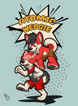 anthro black_body black_fur black_hair black_nose black_pawpads black_tail bottomwear brown_bottomwear brown_clothing brown_shorts clothed clothing dotted_background duo fangs fur hair jumping kerchief logo male neckerchief neckwear obscured_eyes open_mouth pattern_background pawpads red_body red_bottomwear red_clothing red_fur red_kerchief red_neckerchief red_shorts red_tail short_hair shorts simple_background tail teeth topless white_body white_fur white_tail young young_anthro young_male pandapaco canid canine mammal artist_logo signature