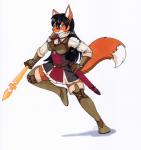 anthro black_hair breasts clothed clothing female fur green_eyes hair holding_melee_weapon holding_object holding_sword holding_weapon looking_at_viewer melee_weapon orange_body orange_fur simple_background smile solo standing sword weapon white_background tierafoxglove canid canine fox mammal 2019 hi_res traditional_media_(artwork)