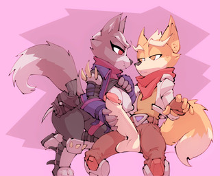 anthro big_penis breasts claws clothed clothing clothing_lift crossgender duo exposed_breasts female fur genitals grey_body grey_fur gun kerchief male male/female mtf_crossgender nipples orange_body orange_fur penis ranged_weapon shirt shirt_lift topwear weapon bigdad nintendo star_fox fox_mccloud wolf_o'donnell canid canine canis fox mammal wolf 2020
