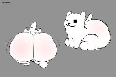 big_butt black_eyes black_nose butt feral fur grey_background male motion_lines one_eye_closed quadruped rear_view simple_background sitting smile solo tail tail_motion tailwag text thick_thighs three-quarter_view white_body white_ears white_fur white_tail axoarts undertale undertale_(series) annoying_dog_(undertale) canid canine canis domestic_dog mammal 2026 artist_name digital_media_(artwork) hi_res monochrome
