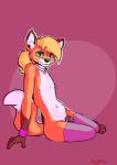 accessory anthro blonde_hair chastity_cage chastity_device clothed clothing collar femboy hair hair_accessory hairclip leg_warmers legwear lock looking_at_viewer male mostly_nude padlock ponytail smile solo thigh_highs foulwizard kelly_(foulwizard) canid canine fox mammal hi_res