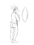 anthro antlers barefoot biped bottomless butt clothed clothing feet fur hair horn looking_at_viewer male nude plantigrade rear_view simple_background solo topwear undressing hladilnik deer_prince deer mammal black_and_white hi_res monochrome