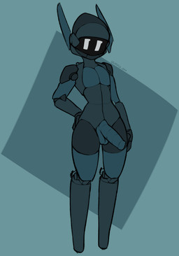 blue_body clothed clothing genitals hand_on_hip machine male penis screen screen_face solo eggnog_(artist) humanoid robot hi_res