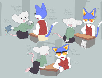 annoyed anthro arm_on_table big_ears blue_body blue_fur book buckteeth cat_tail cheek_tuft clothing desk dialogue duo ears_down eye_contact eyewear facial_tuft female female_anthro fur furniture gesture glasses green_clothing grey_background hand_gesture hand_on_hip happy joyful jumping leaning_on_table leggings legwear librarian library looking_at_another looking_away male male_anthro mouse_ears multicolored_body multicolored_fur open_mouth paws pivoted_ears pointing pointing_at_self pupils rat_tail red_clothing red_pupils shirt simple_background simple_eyes smile standing sweater sweater_vest table tail teeth text topwear tuft two_tone_body two_tone_fur vest white_body white_clothing white_fur white_shirt white_topwear yellow_sclera snazzle_snapp mitzi_(snappy) domestic_cat felid feline felis mammal mouse murid murine rodent digital_drawing_(artwork) digital_media_(artwork) english_text hi_res sequence