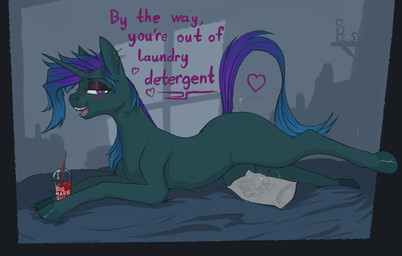 bed bed_sheet bedding blush bodily_fluids dialogue drinking_straw dripping female feral furniture genital_fluids hair horn lying on_bed open_mouth pillow raised_leg sharp_teeth slushie solo tail teeth text vaginal_fluid_drip vaginal_fluid_string vaginal_fluids stray_prey hasbro my_little_pony mythology acidia_(that1persn) fan_character equid equine horse mammal mythological_creature mythological_equine pony unicorn 2025 absurd_res digital_drawing_(artwork) digital_media_(artwork) english_text hi_res