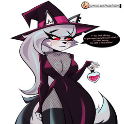 anthro breasts cleavage clothed clothing dishonesty female fur hat headgear headwear looking_at_viewer love_potion potion potion_bottle red_sclera simple_background solo text white_background white_body white_fur witch_costume witch_hat teaofcolors hellaverse helluva_boss mythology loona_(helluva_boss) canid canid_demon canine demon hellhound mammal mythological_canine mythological_creature 1:1 absurd_res english_text hi_res