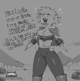ambiguous_gender big_breasts biped breasts cleavage clothed clothed_female clothing dagger dialogue female female_focus group jewelry lips melee_weapon mountain necklace not_furry outside pose public solo_focus sparkles standing text thick_lips weapon ze_blackball.d elf goo_creature humanoid mammal artist_name comic digital_drawing_(artwork) digital_media_(artwork) english_text greyscale hi_res monochrome