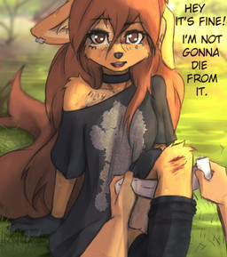 anthro anthro_focus bandage blood bodily_fluids breasts bridge_piercing brown_hair choker clothed clothing crying dialogue disembodied_hand duo ear_piercing ear_ring facial_piercing female female_anthro female_focus first_person_view floppy_ears footwear fur gloves hair handwear jewelry kemono knee_highs legwear long_hair looking_at_viewer necklace nose_piercing off_shoulder pantsless piercing ring_piercing shirt small_breasts socks solo_focus surface_piercing t-shirt tail talking_to_viewer tan_body tan_fur tattoo tears text topwear tinygaypirate apogee_(tinygaypirate) canid canine canis domestic_dog mammal spitz 2023 digital_media_(artwork) english_text hi_res portrait three-quarter_portrait