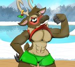 abs anthro antlers biting_clothing blush bottomwear breasts clothed clothing clothing_lift female fingers flexing furgonomics holidays hooved_fingers hooves horn lake makeup muscular outside shirt shorts solo tail tank_top topwear under_boob weirdkoaladream christmas deer mammal new_world_deer reindeer absurd_res hi_res