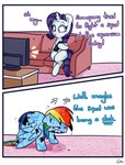 anthro blue_body blue_feathers dialogue duo electronics feathers female feral furniture hair horn multicolored_hair rainbow_hair semi-anthro sofa television text wings louvely friendship_is_magic hasbro my_little_pony mythology rainbow_dash_(mlp) rarity_(mlp) equid equine mammal mythological_creature mythological_equine pegasus unicorn comic english_text hi_res