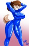 anthro black_nose blue_bodysuit blue_clothing blue_latex blue_skinsuit bodysuit breasts brown_eyes brown_hair bulge clothed clothing condom_suit detailed_bulge eyewear genital_outline glasses glistening glistening_bodysuit glistening_clothing glistening_latex glistening_skinsuit gradient_background gynomorph hair hands_behind_head intersex latex latex_bodysuit latex_clothing latex_skinsuit looking_at_viewer penis_outline rectangular_glasses short_hair simple_background skinsuit smile solo tail tight_clothing shonuff upstairstudios pup_(doug_winger) canid canine canis domestic_dog mammal 2023 absurd_res hi_res