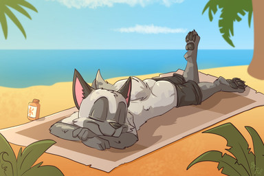 anthro beach biped black_nose bottomwear bottomwear_down brown_body brown_bottomwear brown_clothing brown_fur brown_markings brown_shorts butt claws closed_smile clothed clothing day eyebrows eyes_closed fur gloves_(marking) leg_markings lying lying_on_ground male markings mouth_closed on_front on_ground outside palm_tree partially_clothed pawpads plant sand shorts shorts_down smile socks_(marking) solo sunbathing toe_claws tree white_body white_fur young young_anthro young_male fuf samaliel arctic_fox canid canine fox mammal true_fox 2018
