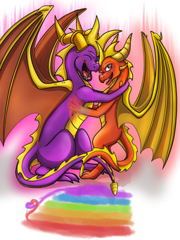 duo feral horn laugh lgbt_pride male male/male membrane_(anatomy) membranous_wings pride_colors purple_eyes red_eyes smile spines tail wings roxasfin activision lgbt_pride_month mythology spyro_the_dragon flame_(spyro) spyro dragon mythological_creature mythological_scalie scalie hi_res