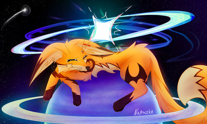 big_ears ear_cuff ear_piercing ear_ring eyebrow_piercing eyes_closed facial_piercing female feral fur lying macro on_front piercing planet ring_piercing sleeping solo space tail tattoo narezka naria_(narezka) canid canine fox mammal colored digital_media_(artwork) hi_res