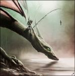 ambiguous_gender claws cloud detailed_background dragon drinking duo_focus feral fish fish_in_midair fishing fishing_rod fog forest green_eyes group holding_object horn human lake mammal marine membrane_(anatomy) membranous_wings mythological_creature mythological_scalie mythology outside plant riding scalie scenery size_difference sky smaller_on_top straddling tree trio water wildlifehoodoo wings wood young