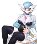 black_hair breasts choker clothed clothing duo evolutionary_stone eyewear female glasses hair head_on_lap jewelry legwear male mega_stone necklace on_lap open_clothing open_shirt open_topwear shirt simple_background thigh_highs topwear white_background donburikazoku nintendo pokemon dr._voir nano_(nanosheep) gardevoir generation_3_pokemon human mammal pokemon_(species) shiny_pokemon 2020 5:6 absurd_res hi_res