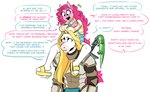 anthro anthrofied armor blonde_hair clothing dialogue duo facial_scar female fingers fur hair pink_hair scar text white_body white_fur redxbacon friendship_is_magic hasbro my_little_pony candid_(redxbacon) gummy_(mlp) pinkie_pie_(mlp) alligator alligatorid crocodilian equid equine horse mammal reptile scalie 2023 digital_media_(artwork) english_text