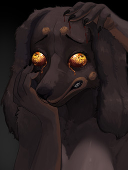 agony ambiguous_gender anthro black_body black_fur blood bodily_fluids claws floppy_ears frenzy_flame fur furless_breasts gore pain solo swollen_eyes tawny_fur tears nchprous elden_ring fromsoftware angel_shadow canid canine canis dachshund domestic_dog hunting_dog long-haired_dachshund mammal absurd_res hi_res