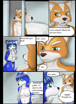 anthro blue_body blue_fur blue_hair boyfriend/girlfriend canon_couple clothing duo female fur future hair male male/female nipples shower text undressing white_body white_fur moltsi nintendo star_fox fox_mccloud krystal_(star_fox) canid canine fox mammal comic english_text hi_res