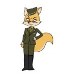 anthro boots bottomwear clothing eyewear female footwear fur glasses green_clothing hat headgear headwear jacket military_cap military_uniform pants shoes side_cap simple_background solo topwear two_tone_tail uniform white_background yellow_body yellow_fur sahbeetle sek_studio squirrel_and_hedgehog lt._fox_vixen canid canine fox mammal