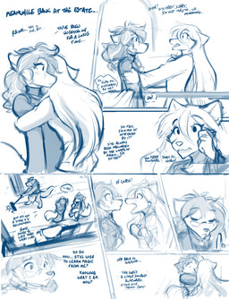 anthro arm_grab broom cleaning cleaning_tool clothing dialogue ears_up eye_contact eyes_closed eyewear female glasses group hug hugging_another inside looking_at_another maid_uniform motion_lines open_mouth personal_space_invasion sweeping tail tail_motion tailwag text trio uniform wide_eyed conditional_dnp tom_fischbach mythology twokinds guardian_(twokinds) raine_silverlock roselyn_(twokinds) canid canine canis dragon keidran mammal mythological_creature mythological_scalie scalie wolf 2025 blue_and_white comic english_text monochrome sketch