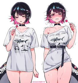 accessory angry belt big_breasts black_belt black_choker black_clothing black_hair black_jewelry black_necklace black_panties black_underwear blush blush_lines bodily_fluids breasts candy choker clenched_teeth clothed clothing colored_nails dessert duo embarrassed female food hair hair_accessory hairclip holding_candy holding_food holding_lollipop holding_object jewelry lollipop long_shirt looking_at_viewer mole_under_eye nails navel_outline necklace off_shoulder open_mouth panties pink_eyes pink_hair red_nails shaking sharp_teeth shirt short_hair short_sleeves simple_background sweat sweaty_body tail teeth text tight_clothing tight_shirt tight_topwear topwear trembling underwear white_background white_clothing white_shirt white_topwear wide_hips qiandaiyiyu mihoyo zenless_zone_zero ellen_joe animal_humanoid fish fish_humanoid humanoid marine marine_humanoid shark_humanoid absurd_res digital_drawing_(artwork) digital_media_(artwork) english_text hi_res url
