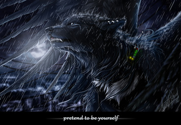 black_body black_fur black_nose detailed_background feral fur moon night outside raining sky solo text wolfroad canid canine canis hybrid mammal wolf 2015 digital_media_(artwork) english_text