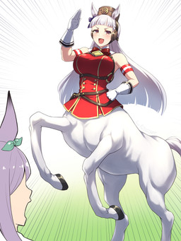 animal_ears big_breasts breasts clothed clothed_female clothed_taur clothing duo female gloves hair handwear hooves long_hair quadruped red_clothing shocked taurified white_clothing white_gloves white_hair white_handwear teenatap cygames european_mythology greek_mythology mythology uma_musume_pretty_derby gold_ship_(pretty_derby) mejiro_mcqueen_(pretty_derby) centaur equid equid_taur humanoid_taur mammal mammal_taur taur 3:4 absurd_res hi_res