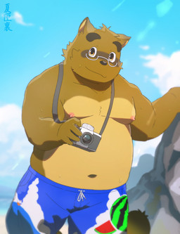 anthro belly bottomwear brown_body camera clothing cloud detailed_background eyewear glasses kemono male moobs navel nipples outside overweight overweight_male shorts solo swimwear natsuhakoura morenatsu kounosuke_kuri canid canine mammal raccoon_dog tanuki 2024 hi_res