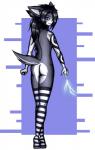 anthro black_hair blue_eyes butt clothing electricity female fur grey_body grey_fur hair legwear lightning looking_at_viewer mostly_nude pattern_clothing pattern_legwear simple_background smile solo stockings striped_clothing striped_legwear stripes tattoo thigh_highs white_body white_fur blakethehedgehog16 shina_matsuki felid mammal 2017 digital_media_(artwork) hi_res