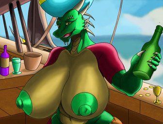 anthro beverage big_breasts breasts butt clothing female huge_breasts hyper hyper_breasts macro_female nipples overweight pirate sail sea solo torn_clothing water whitedragon1204 mythology dragon mythological_creature mythological_scalie scalie hi_res