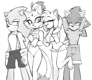 anthro barefoot bikini bikini_bottom bikini_top blush clothing feet female group hair hand_holding hands_behind_head hero male male/female ponytail princess royalty smile swimming_trunks swimwear triangle_bikini two-piece_swimsuit ki0nyxie sega sonic_the_hedgehog_(series) amy_rose blaze_the_cat fan_character keiph_the_tenrec sonic_the_hedgehog afrosoricid domestic_cat eulipotyphlan felid feline felis hedgehog mammal tenrec monochrome