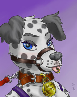 anthro bdsm blue_eyes bondage bound clothed clothing collar female fur grey_body grey_fur grey_spots leash markings muzzle_(object) muzzled piercing ring_piercing smile smirk solo spots spotted_body spotted_fur text tongue tongue_out tongue_piercing tongue_ring white_body white_fur liryal canid canine canis dalmatian domestic_dog mammal absurd_res english_text hi_res