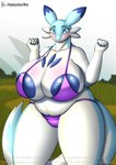 anthro areola big_breasts bikini blue_areola blush breast_squish breasts clothing female huge_breasts overweight slightly_chubby solo squish swimwear thick_thighs two-piece_swimsuit wide_hips palmarianfire palworld pocketpair chillet pal_(species) hi_res