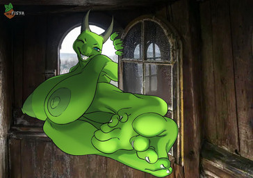 anthro big_breasts breasts feet female foot_focus horn huge_breasts humanoid_feet nails one_eye_closed plantigrade solo teasing teasing_viewer teeth wink fisyartist lizard reptile scalie