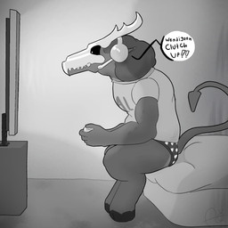 anthro antlers bed bedroom bone clothed clothing dialogue fur furniture gaming glowing glowing_eyes hair headgear headwear horn male mature_male muscular on_bed on_bedding playing_video_game pupils simple_background sitting skull skull_head solo speech_bubble teeth underwear white_pupils aimskull american_mythology indigenous_north_american_mythology mythology north_american_mythology deer mammal monster mythological_creature wendigo 1:1 2026 digital_drawing_(artwork) digital_media_(artwork) greyscale hi_res monochrome signature
