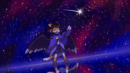 ambiguous_gender anthro biped black_nose cheek_tuft clothing eyebrows facial_tuft feathered_wings feathers fur hair inner_ear_fluff open_mouth orange_eyes paws reflection solo standing star tail tuft white_sclera wings flavia-elric domestic_cat felid feline felis mammal 2026 hi_res