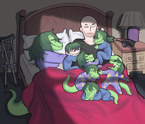 annoyed anthro bald bedding bedroom canon_couple clothed clothed_anthro clothed_female clothed_human clothed_male clothing crutch cuddling eyes_closed eyewear female green_body green_hair group hair happy human_on_anthro inside interspecies lamp long_hair long_tail male male/female medical_instrument one_eye_closed pillow romantic romantic_couple scientific_instrument shadow short_hair smile sunglasses tail under_covers young young_anthro young_female young_male japversus cavemanon_studios i_wani_hug_that_gator inco_(iwhtg) olivia_halford trent_(iwhtg) baryonyx dinosaur human mammal prehistoric_species reptile saurischian scalie spinosaurid theropod absurd_res colored hi_res shaded daughter_(lore) father_(lore) father_and_child_(lore) father_and_daughter_(lore) father_and_son_(lore) mother_(lore) mother_and_child_(lore) mother_and_daughter_(lore) mother_and_son_(lore) parent_(lore) parent_and_child_(lore) parent_and_daughter_(lore) parent_and_son_(lore) son_(lore)