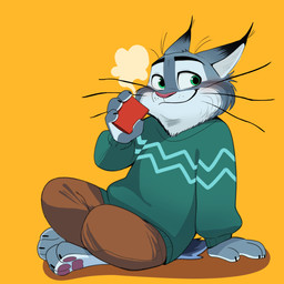 anthro beverage bottomwear clothing crossed_legs crosslegged_pose feet fur grey_body grey_fur male pants smile solo sweater topwear whiskers panic_exc disney zootopia pawbert_lynxley canada_lynx felid feline lynx mammal 1:1 absurd_res hi_res